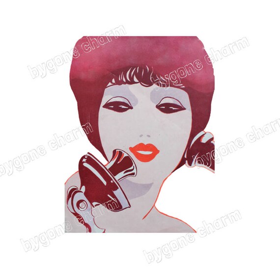 Vintage Girl on Telephone, Red Lips, Vintage Valentine, DIY Clip Art, Vintage Printable Download