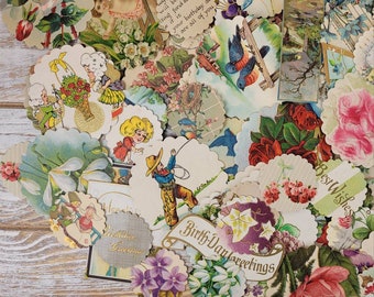 Antique Ephemera MIXED GREETING Decorative Roundies Made from Antique Postcards - Birthday, Valentine, Anniversary - 40 Pieces