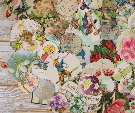 Antique Ephemera MIXED GREETING Decorative Roundies Made from Antique Postcards - Birthday, Valentine, Anniversary - 40 Pieces