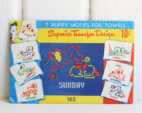 Vintage DAY OF WEEK Puppy Kitchen Towel Sewing Transfer Patterns 1940s (Kitschy Vintage Cross Stich Pattern)