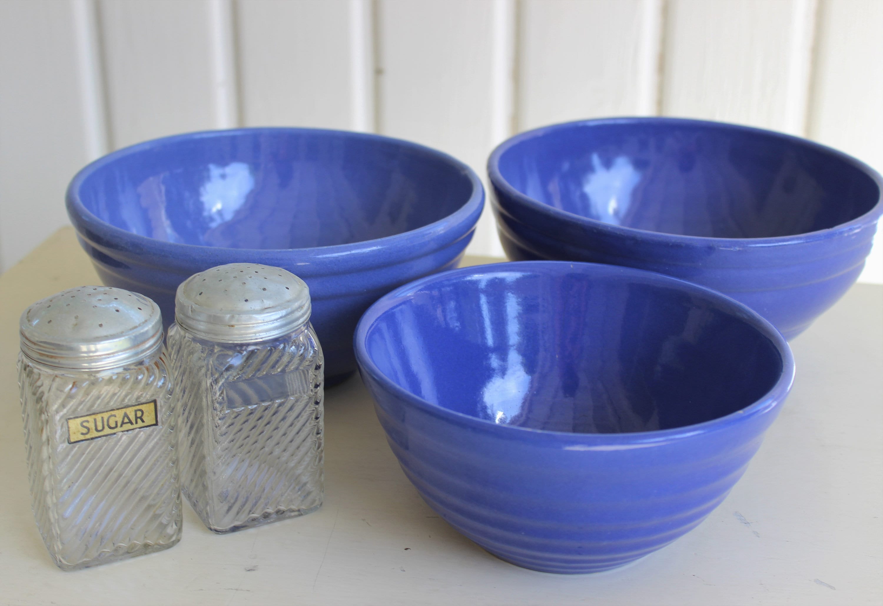 Vintage ROYAL BLUE POTTERY Nesting Bowls & Shakers, Rustic Farmhouse
