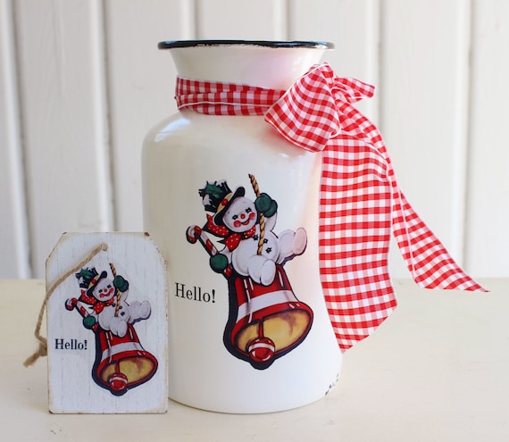 Cute SNOWMAN CANISTER White Enamel, Kitschy Retro Christmas w Matching Gift Tag