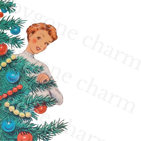 Vintage RETRO HOUSEWIFE w/ Christmas Tree Clip Art, Kitschy Holiday Greetings, 1950s - DIY Printable Digital Download