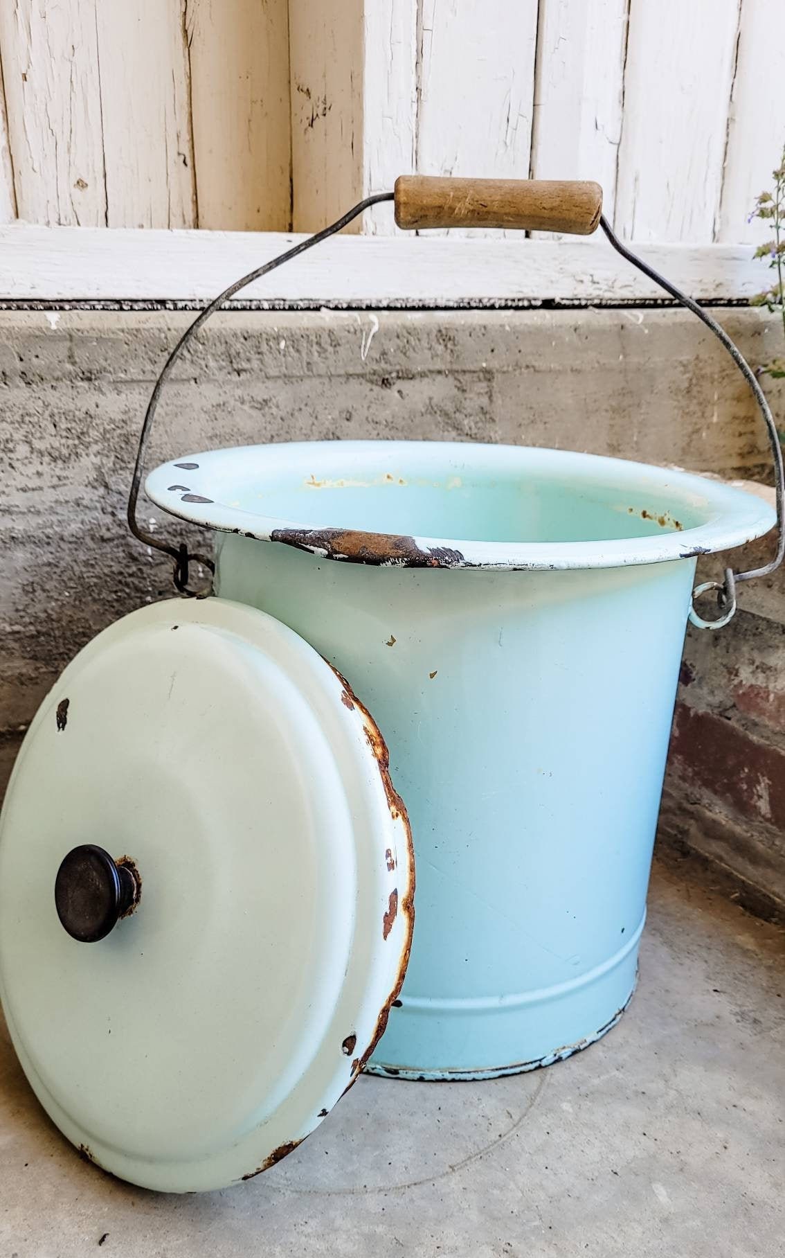 Large Antique FRENCH ENAMELWARE Bucket w Lid and Wood Handle, Robin's