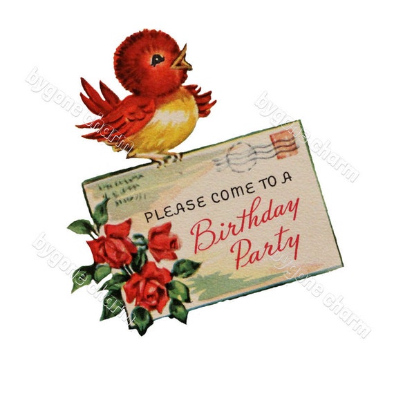 Vintage BIRDIE BIRTHDAY Invitation Clip Art, Birthday Party Invite - DIY Printable Digital Download