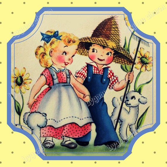 Vintage SPRING GARDEN & LAMBS Printable Card, Vintage Easter Clip Art Digital Download