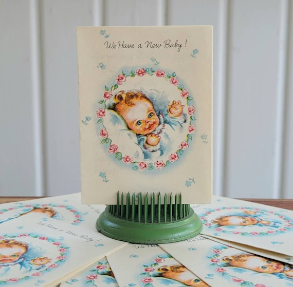 Cute Vintage BABY ANNOUNCEMENT Greeting Cards 1950s, UNUSED Set of 12