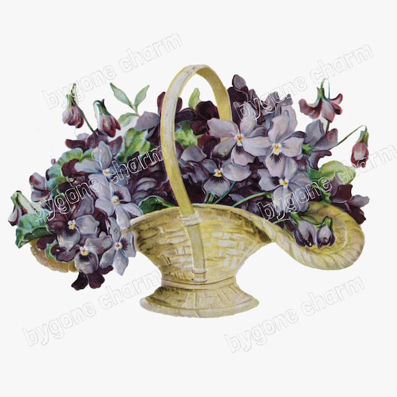 Antique Purple Pansies Flower Basket, DIY Clip Art, Printable Digital Download