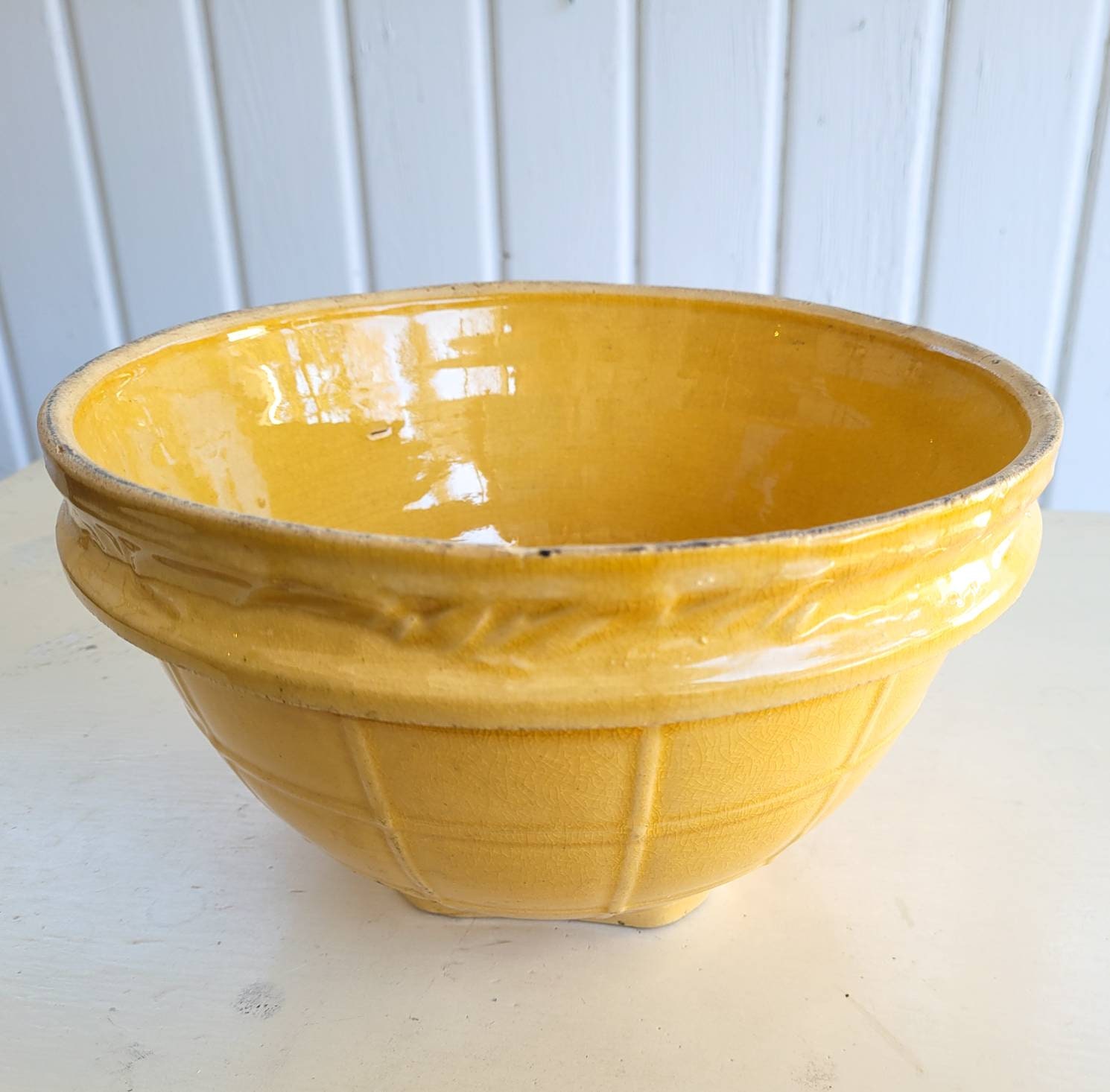 Rare Vintage LARGE YELLOW Pottery Bowl, Footed Windowpane McCoy Bowl