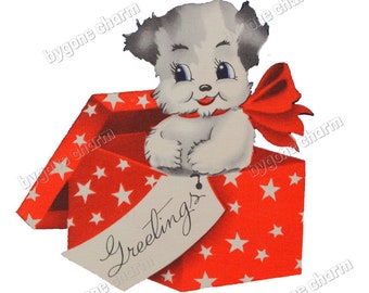 Vintage CHRISTMAS PUPPY Clip Art, kitscherige Kerstmis, jaren 1940-DIY afdrukbare digitale download