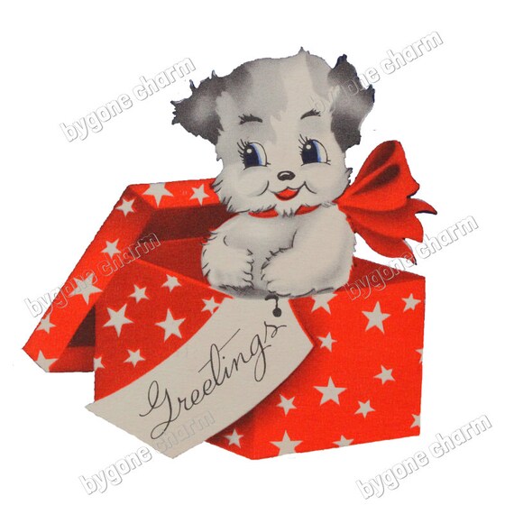 Vintage CHRISTMAS PUPPY Clip Art, Kitschy Christmas, 1940s - DIY Printable Digital Download