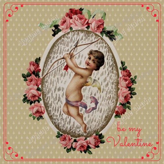 Antique Valentine Printable Card, Vintage CUPID WITH ARROW, Be My Valentine Clip Art Digital Download