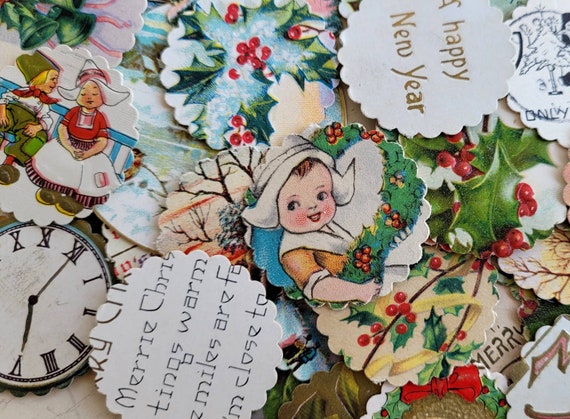 Antique CHRISTMAS EPHEMERA Decorative Roundies Made from Antique Christmas Postcards - 40 Pieces