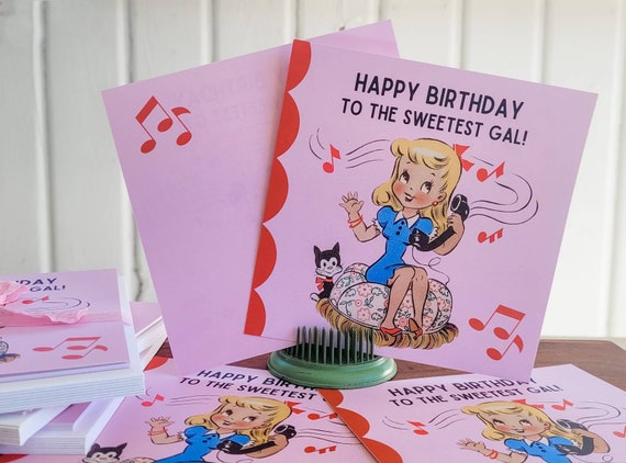 PINUP GIRL BIRTHDAY Card, Cute Vintage Girl on Telephone Happy Birthday Cards  - Set of 8 (envelopes included)