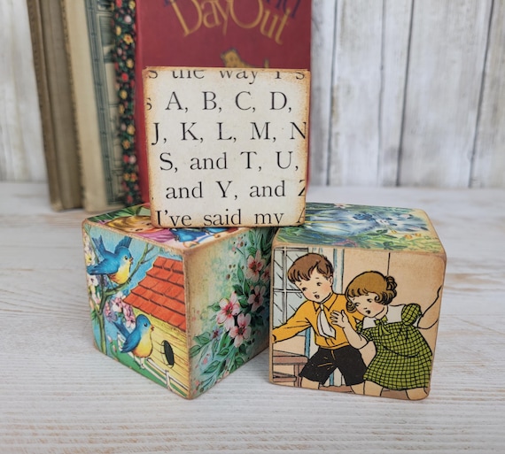 Handmade Vintage Ephemera Wooden BABY BLOCKS – Unique Nursery Art & Décor - Set of 3
