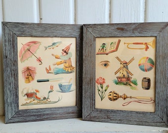 Pair Framed VINTAGE FRENCH NURSERY Prints, Rare Parisian Children's Story Book Illustrations