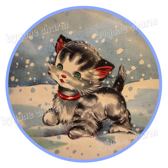 Vintage Christmas Kitty in Snow Clip Art, Vintage Retro Christmas Printable Digital Download