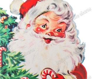 May include: A vintage Christmas illustration of Santa Claus peeking out from behind a green Christmas tree with candy canes. Santa is wearing a red hat, white beard, and red gloves.