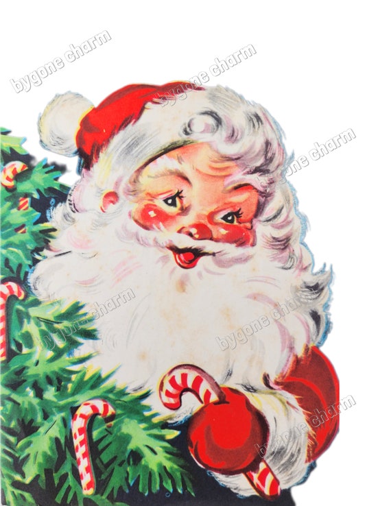 Vintage SANTA with Candy Cane & Christmas Tree Clip Art, Kitschy Holiday Greetings, 1950s - DIY Printable Digital Download