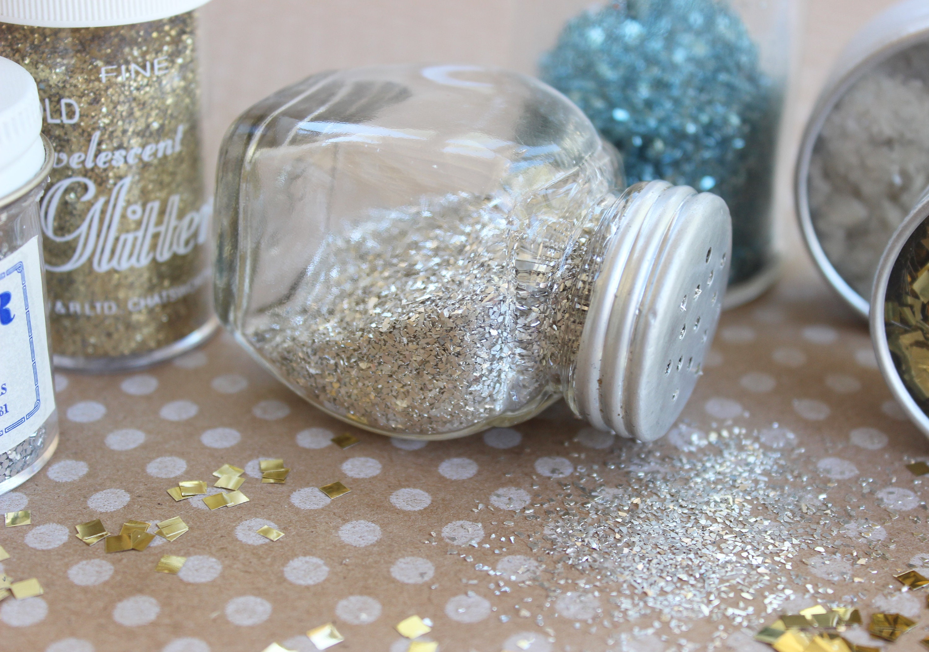 Collection Vintage GLITTER, German Glass Glitter, Mica Flakes, Silver, Gold