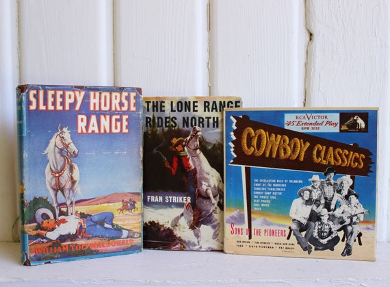 Retro Cowboy Books & Record, Country Western Kitsch, Lone Ranger, Sleepy Horse Range, Vintage Book Set