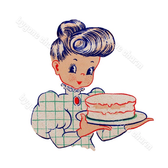 Vintage Mom Baking BIRTHDAY CAKE Clip Art, Happy Birthday, Mother's Day - DIY Digital Download