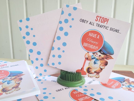 Vintage Style TRAFFIC COP KITTEN Happy Birthday Cards, Kitschy Cat Greeting - Set of 8 (envelopes included)
