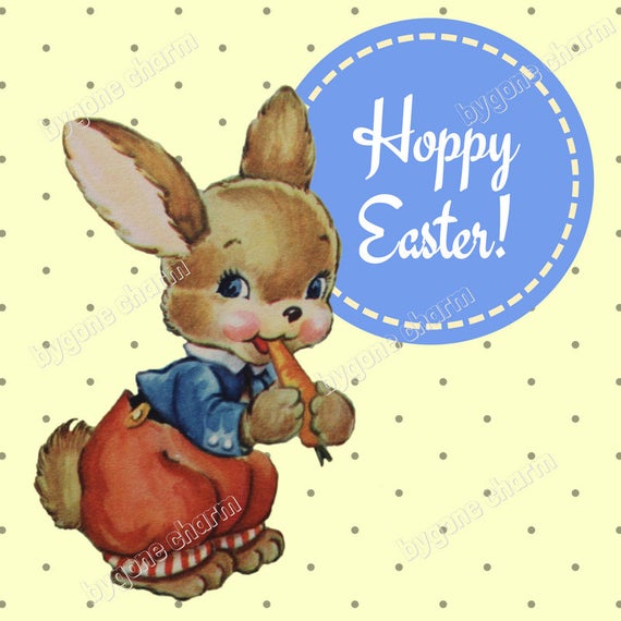 Vintage "HOPPY EASTER BUNNY" Printable Card, Clip Art Digital Download