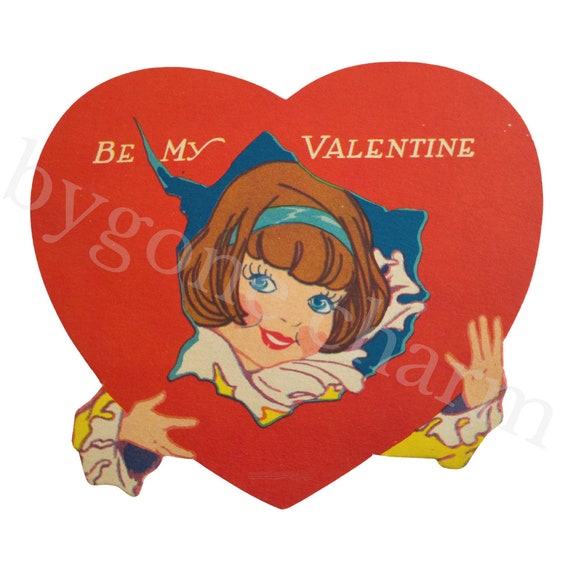GIRL IN HEART Valentine, Be My Vintage Valentine Printable Card, Clip Art Digital Download
