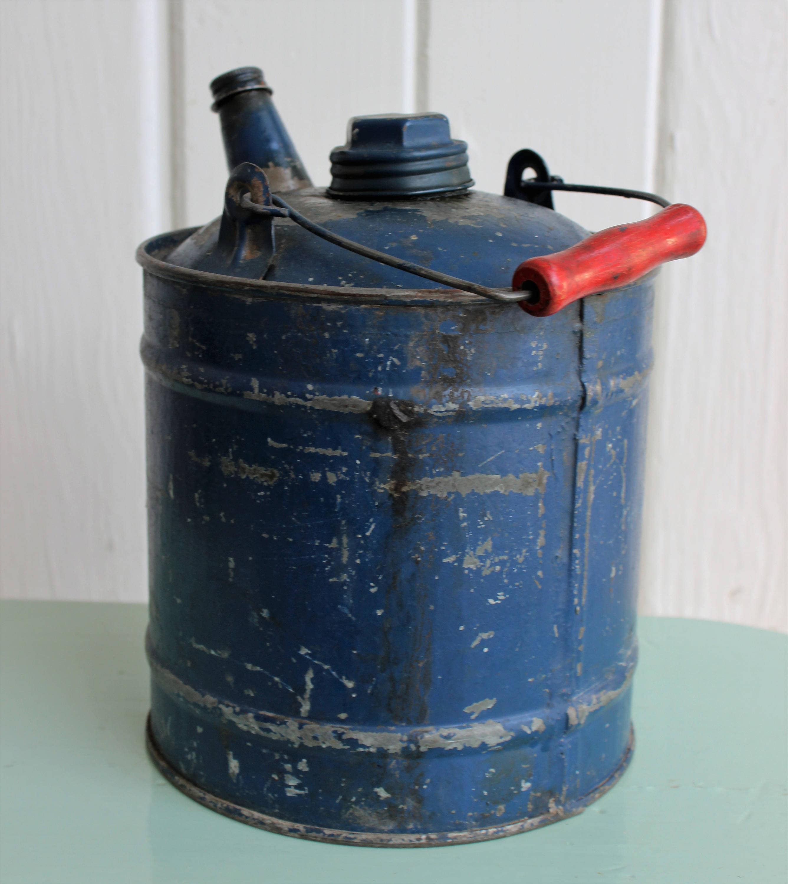 Vintage Blue Metal GAS CAN by Martin Ware, Chippy Rustic Industrial