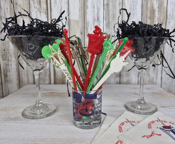 Mid Century Retro Cocktail Bar Bundle, Etched Martini Glasses, Swizzle Sticks