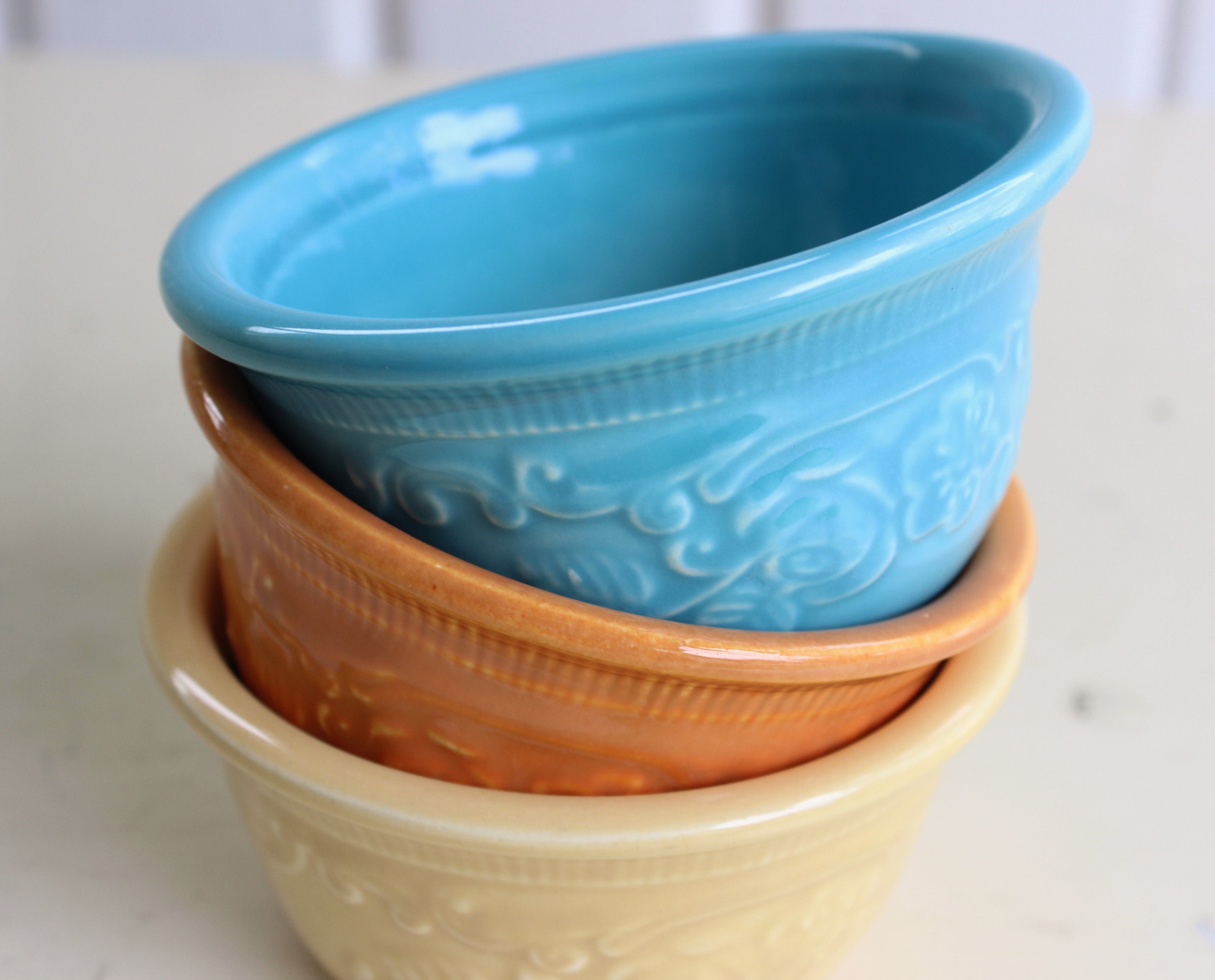 Vintage Oven Serve Custard Bowls, Colorful Ramekin Mini Dessert Dishes, Country Kitchen Set of 3