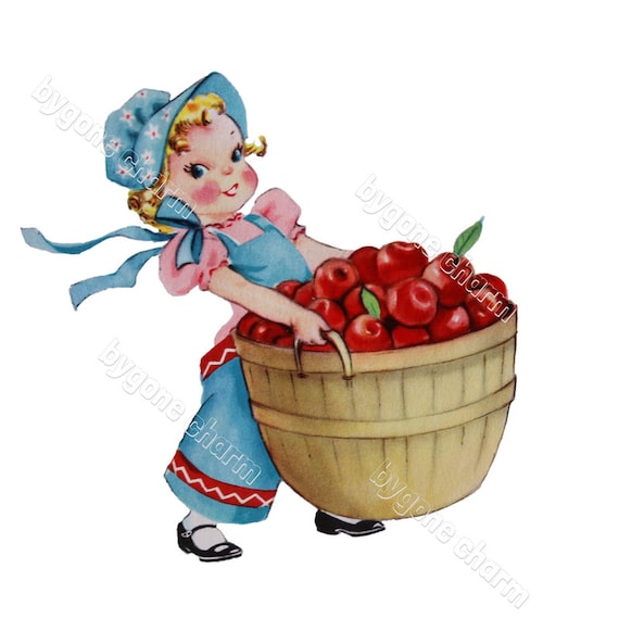 Vintage Girl Picking RED APPLES Clip Art, Good Luck, Birthday, Best Wishes - DIY Printable Digital Download