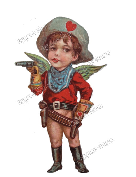 VALENTINE CUPID COWBOY, Antique Valentine Printable Card, Clip Art Digital Download