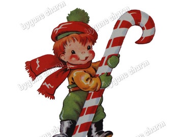 Vintage Christmas Boy w/CANDY CANE glinsterende Clip Art, kitscherige Kerstmis, 1940s-DIY afdrukbare digitale download