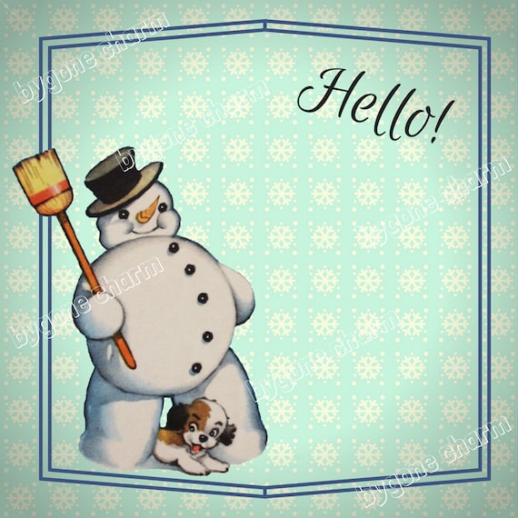 Vintage SNOWMAN Christmas Card, DIY Clip Art, Vintage Christmas Printable Digital Download