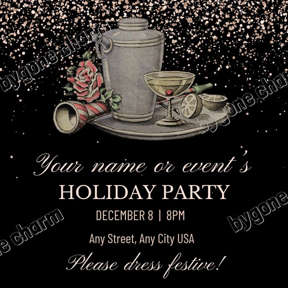 Personalized Custom COCKTAIL PARTY Invitation, Art Deco Holiday Greeting, New Year's Eve - Printable Digital Download