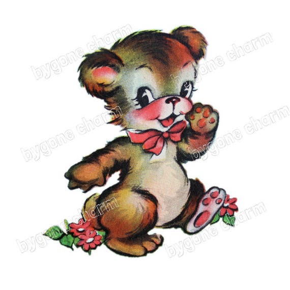 Vintage Cheerful Waving Bear w/ Bow Tie & Flowers, Happy Birthday Bear, DIY Clip Art, Vintage Printable Download