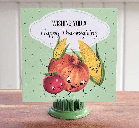Cute Retro HAPPY THANKSGIVING Cards, Kitschy Anthropomorphic Vegetables - Set of 8 (envelopes included)
