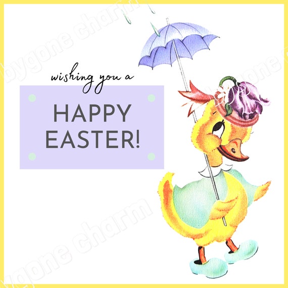 Vintage HAPPY EASTER Printable Card, Yellow Duck Easter Clip Art Digital Download