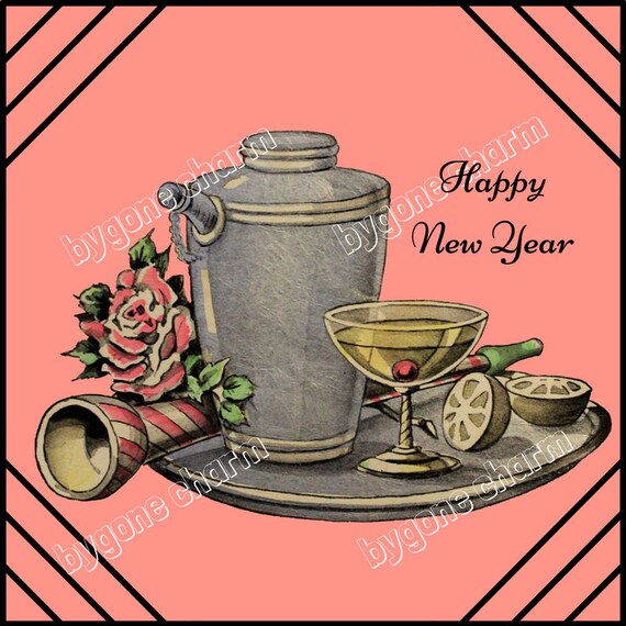 Vintage HAPPY NEW YEAR Printable Card, Art Deco Cocktail Martini, Clip Art Digital Download
