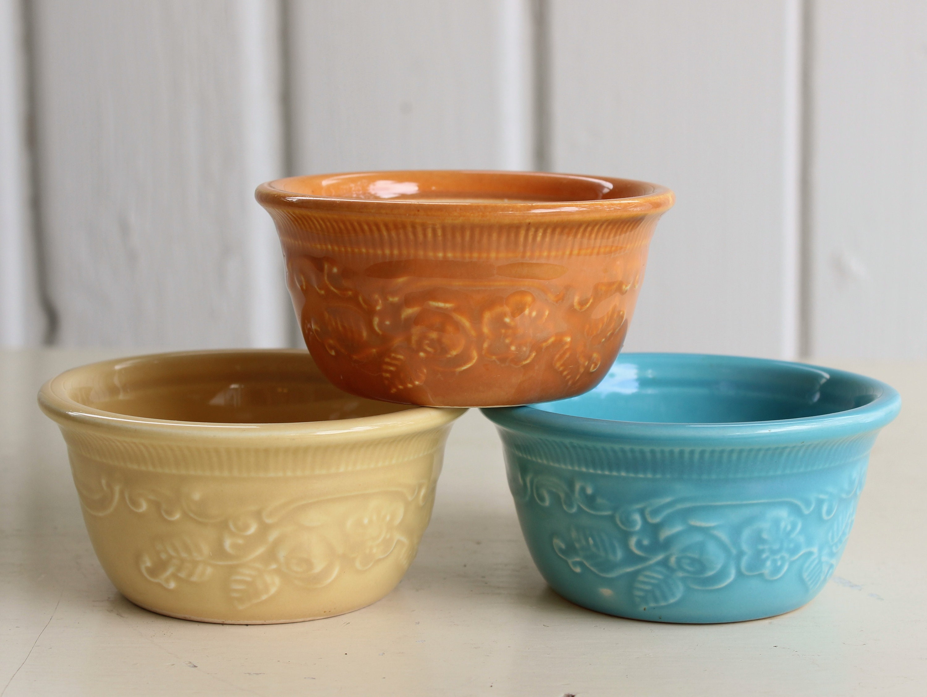 Vintage Oven Serve Custard Bowls, Colorful Ramekin Mini Dessert Dishes, Country Kitchen Set of 3