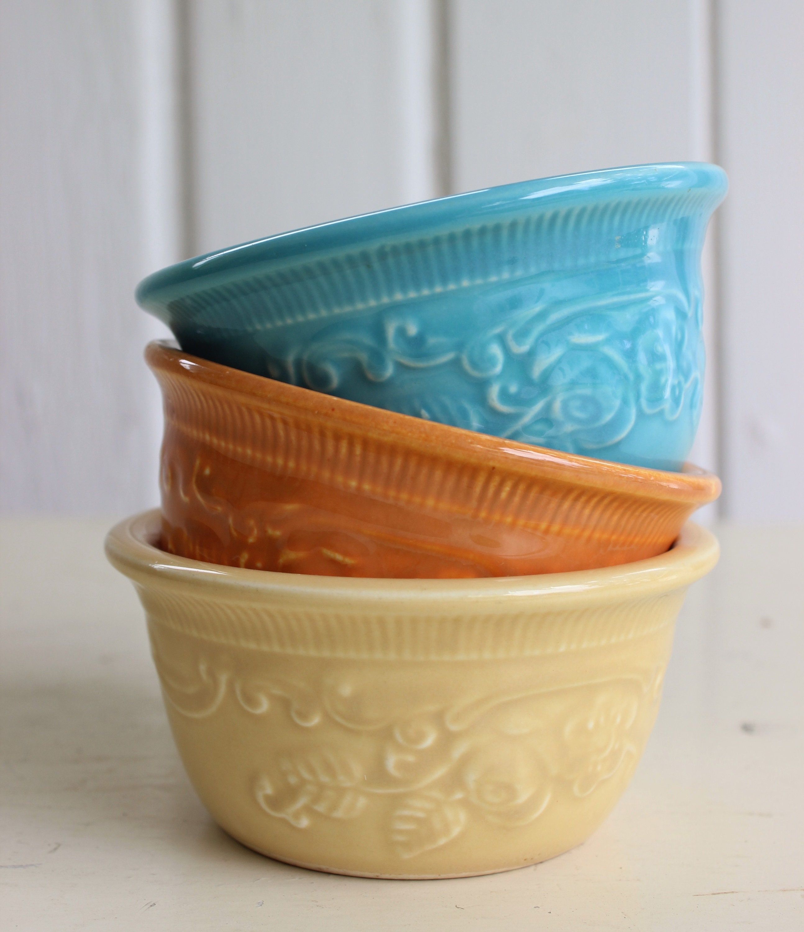 Vintage Oven Serve Custard Bowls, Colorful Ramekin Mini Dessert Dishes