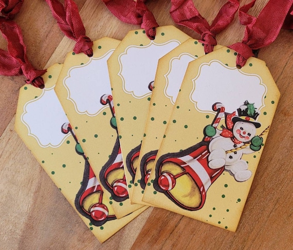 Cute SWINGING SNOWMAN Gift Tags, Vintage Style Christmas Kitsch - Set of 5