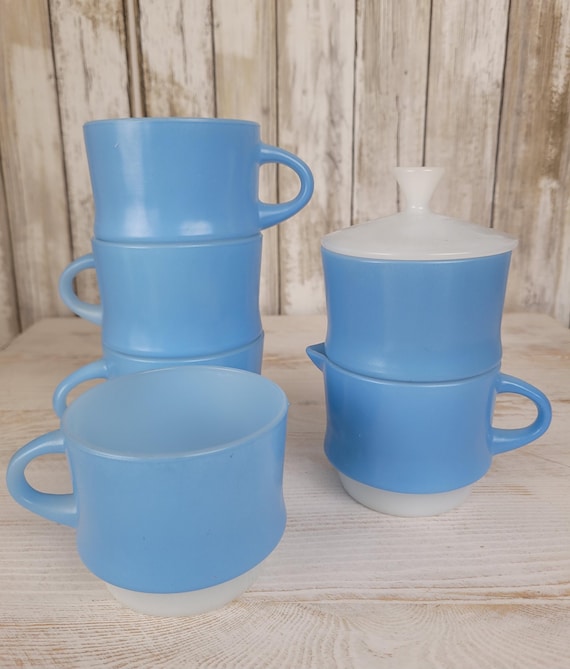 Vintage Anchor Hocking Blue Milk Glass Coffee/Tea Set – Rare Complete with Creamer & Lidded Sugar Bowl (1970s Retro Kitsch)