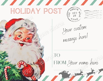 Personalized Custom SANTA CLAUS Christmas Postcard, Kitschy Holiday Greetings, 1950s - Printable Digital Download