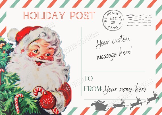 Personalized Custom SANTA CLAUS Christmas Postcard, Kitschy Holiday Greetings, 1950s - Printable Digital Download