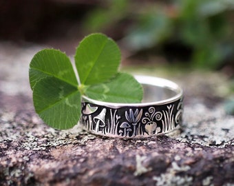 Mushroom Meadow Sterling Silver Ring, Mushrooms and Flowers Original Artwork Designer Ring, Seamless Art Ring, Custom Engraved Mushroom Ring