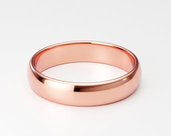 14K Solid Rose Gold Wedding Band, 4mm Women's Men's Rose Gold Wedding Ring, Plain Rounded Dome Ring Band, Pink Gold, Classic Wedding Ring