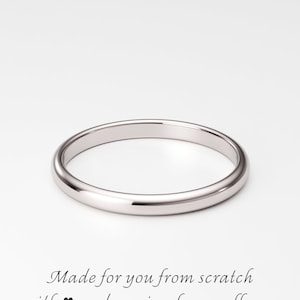 14K White Gold Band, 2mm Thin Solid Gold Rounded Dome Ring Band, Plain Women&#39;s Gold Wedding Band, Simple Delicate Wedding Ring Band for Her